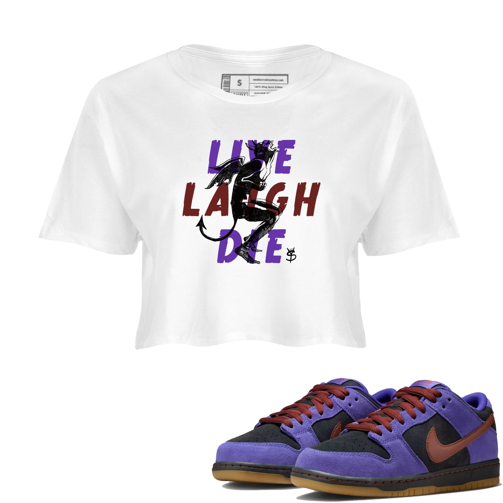 Sneaker match tees – Sneaker Threads To Match Dunk Low Persian Violet Shoes – Laughing Devil Crop T-Shirt White 1