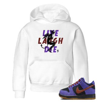 Sneaker match tees – Sneaker Threads To Match Dunk Low Persian Violet Shoes – Laughing Devil Kids T-Shirt White 1