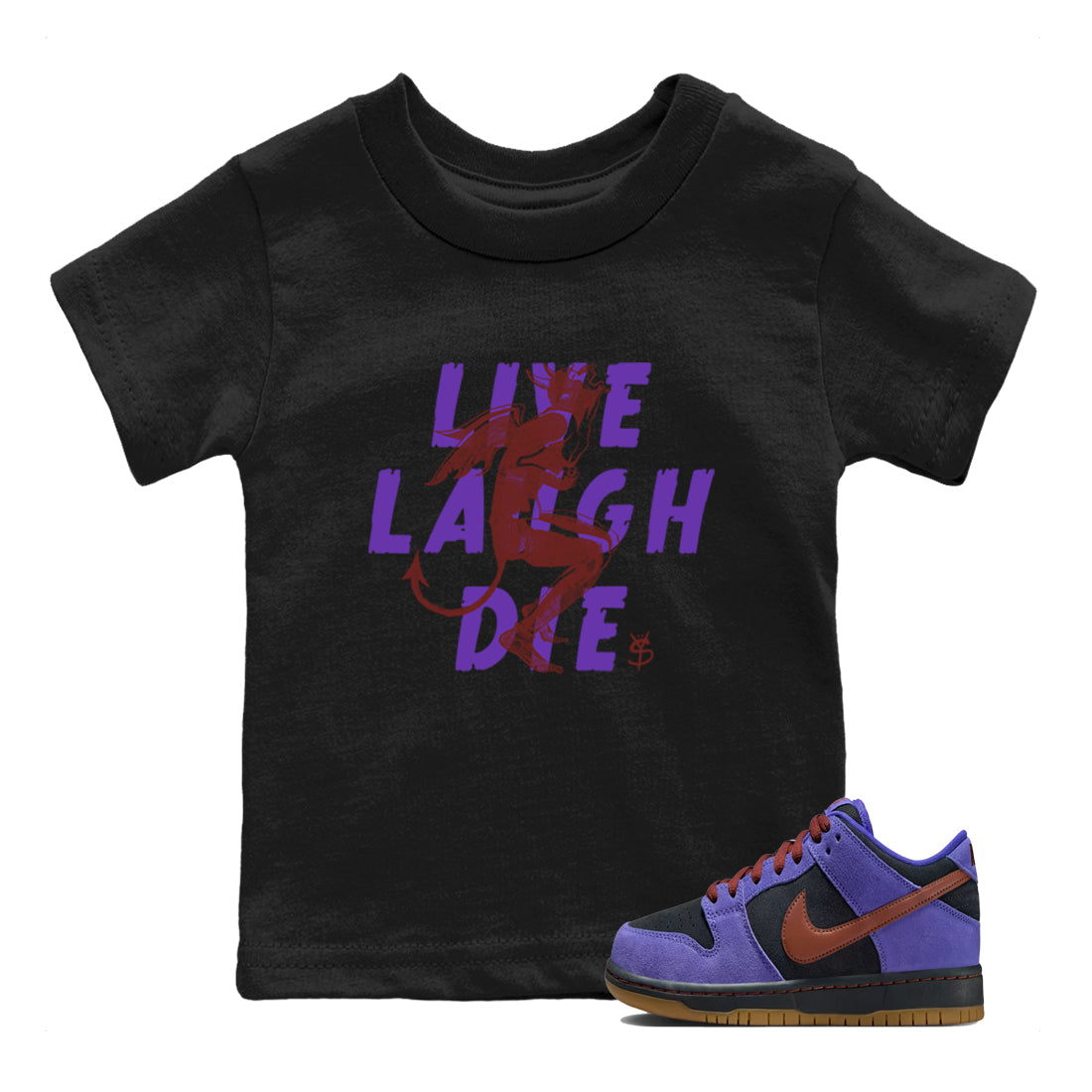 Sneaker match tees – Sneaker Threads To Match Dunk Low Persian Violet Shoes – Laughing Devil Kids T-Shirt Black 1