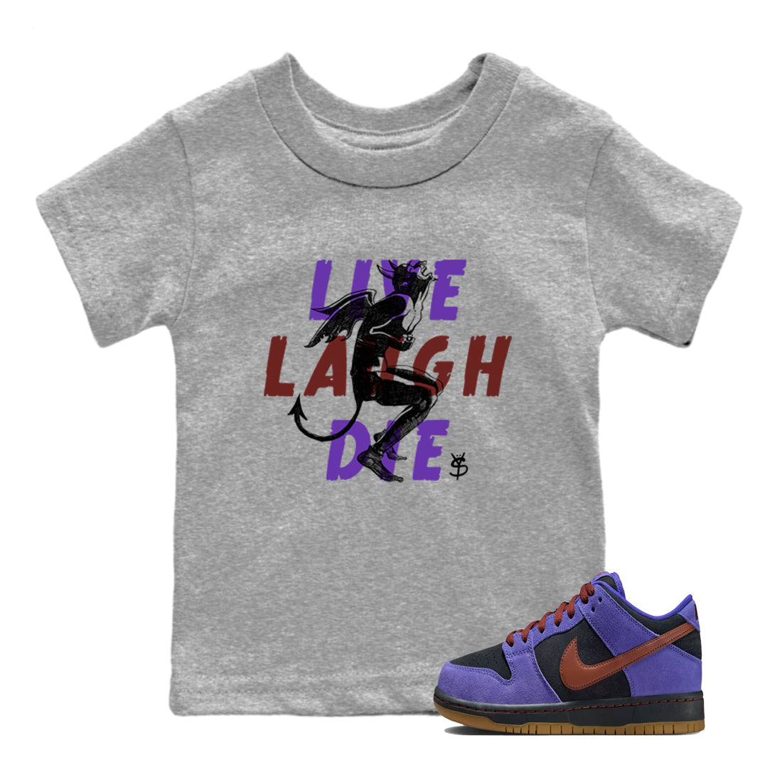 Sneaker match tees – Sneaker Threads To Match Dunk Low Persian Violet Shoes – Laughing Devil Kids T-Shirt Heather Grey 1