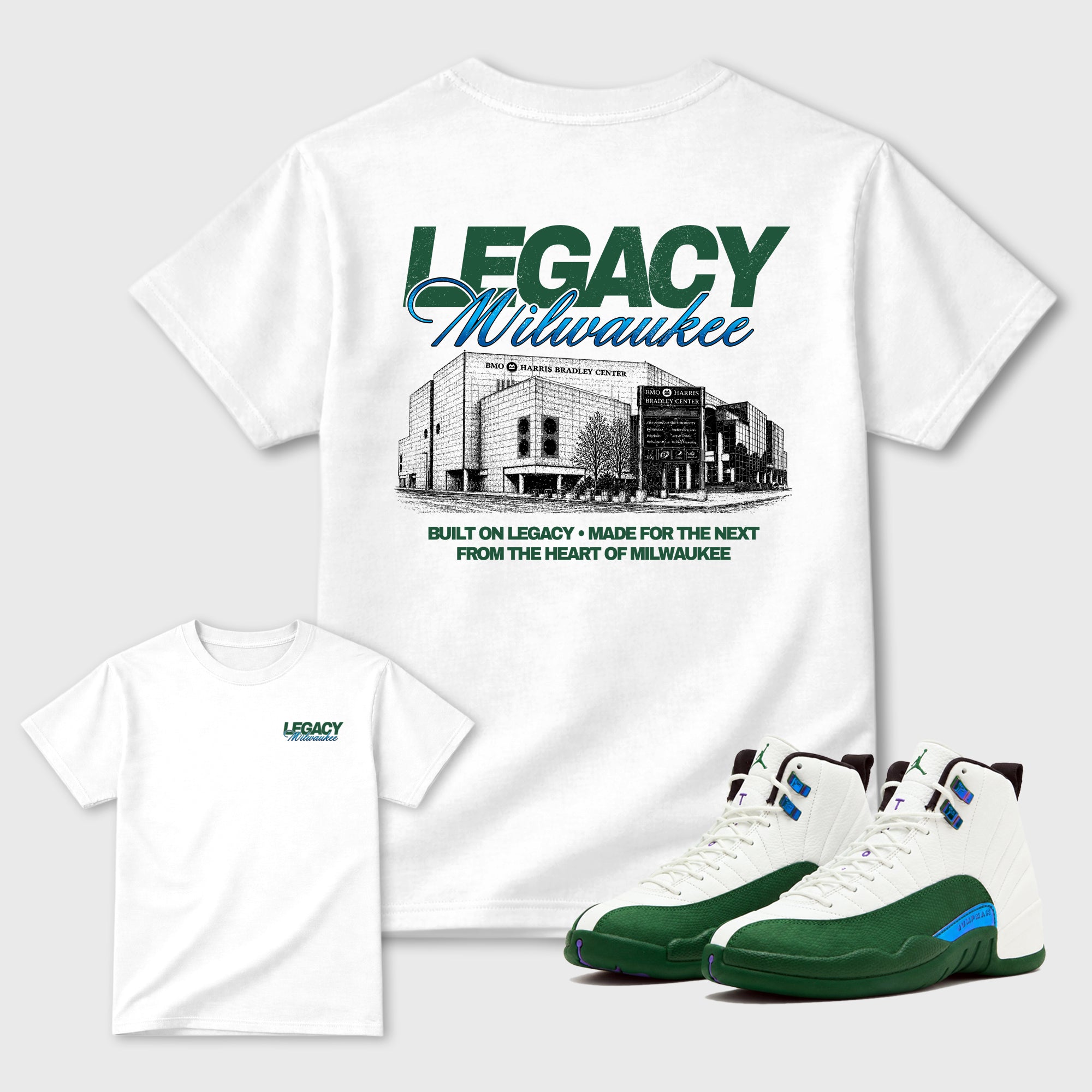 Legacy Milwaukee Graphic T-Shirt designed to match the Air Jordan 12 Summit White and Gorge Green sneakers, a sneaker matching shirt for a coordinated sneaker outfit.