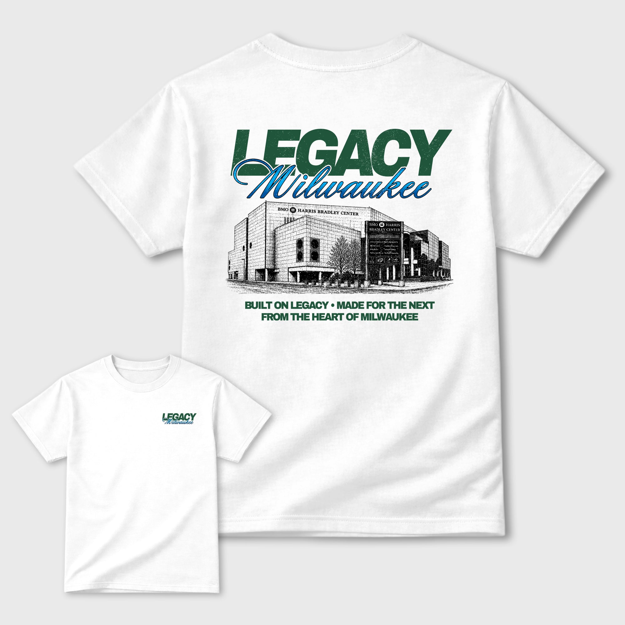 Legacy Milwaukee Graphic T-Shirt designed to match the Air Jordan 12 Summit White and Gorge Green sneakers, a sneaker matching shirt for a coordinated sneaker outfit.