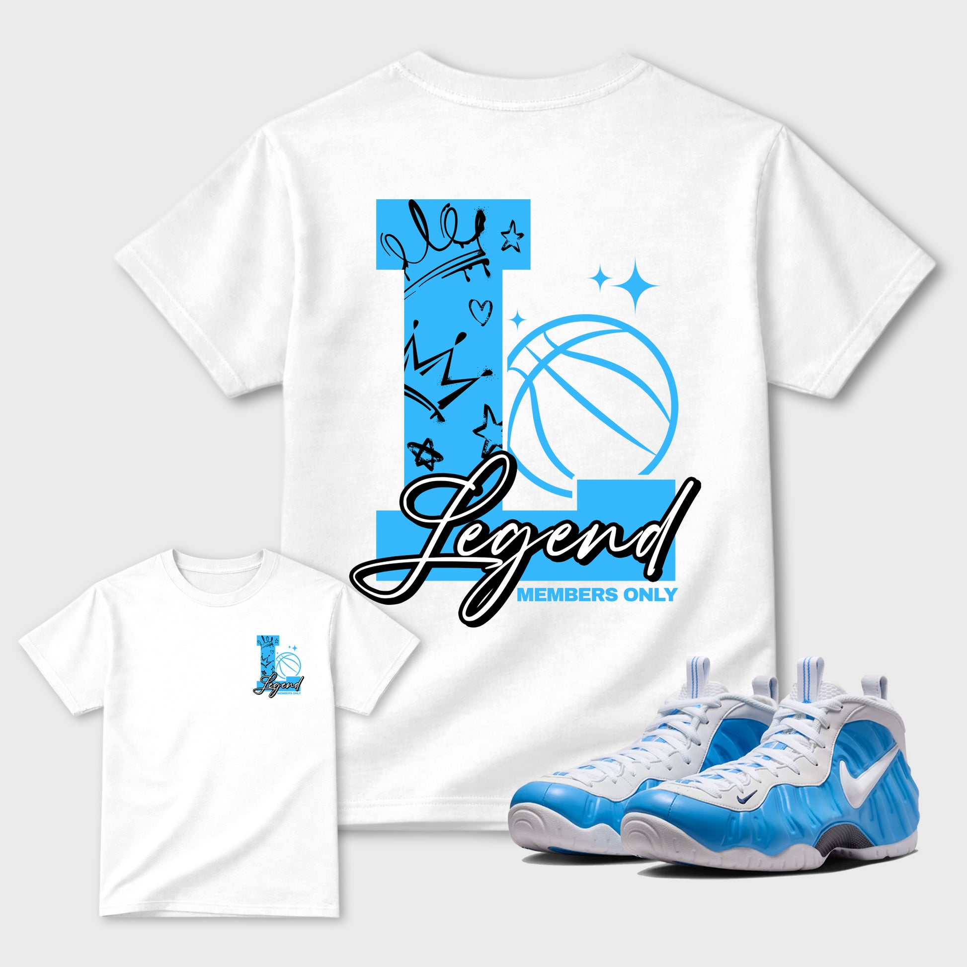 Legend sneaker match t-shirt styled to complete your fit with the Air Foamposite Pro University Blue sneakers, shown in White.