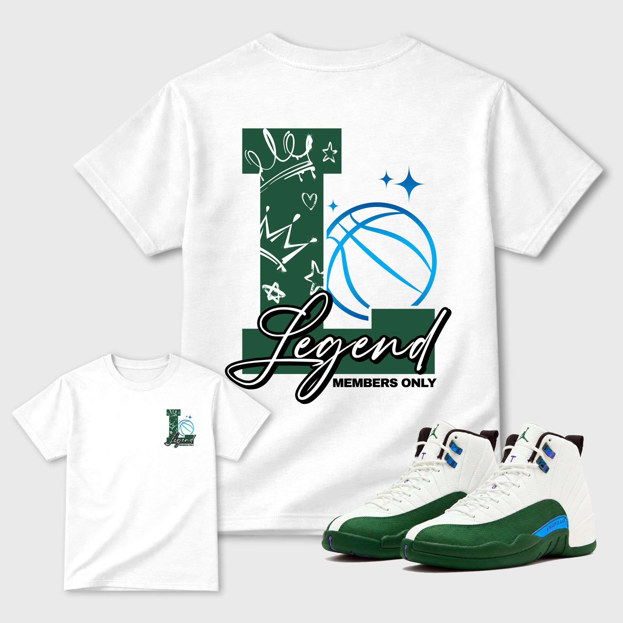 Legend Graphic T-Shirt designed to match the Air Jordan 12 Summit White and Gorge Green sneakers, a sneaker matching shirt for a coordinated sneaker outfit.