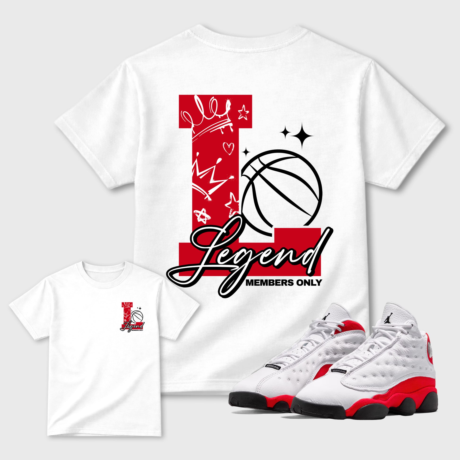 Legend sneaker match t-shirt styled to complete your fit with the Air Jordan 13 University Red sneakers, shown in White.
