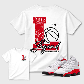 Legend sneaker match t-shirt styled to complete your fit with the Air Jordan 13 University Red sneakers, shown in White.