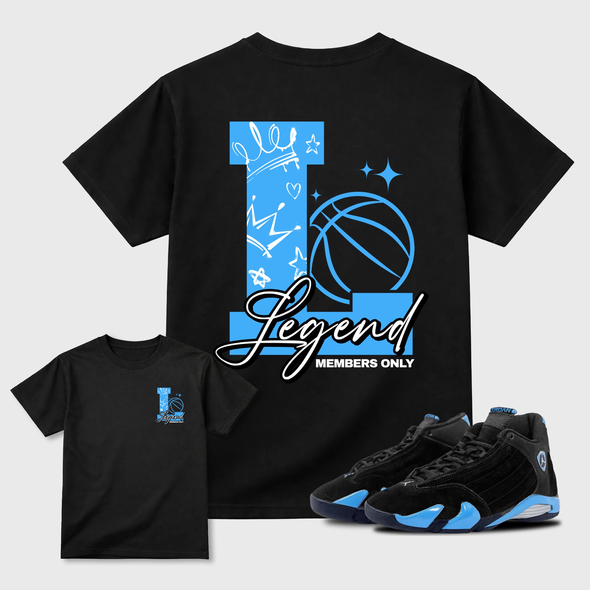 Legend sneaker match t-shirt styled to complete your fit with the Air Jordan 14 University Blue sneakers, shown in Black.