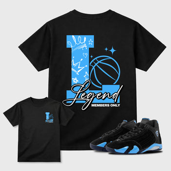 Legend sneaker match t-shirt styled to complete your fit with the Air Jordan 14 University Blue sneakers, shown in Black.