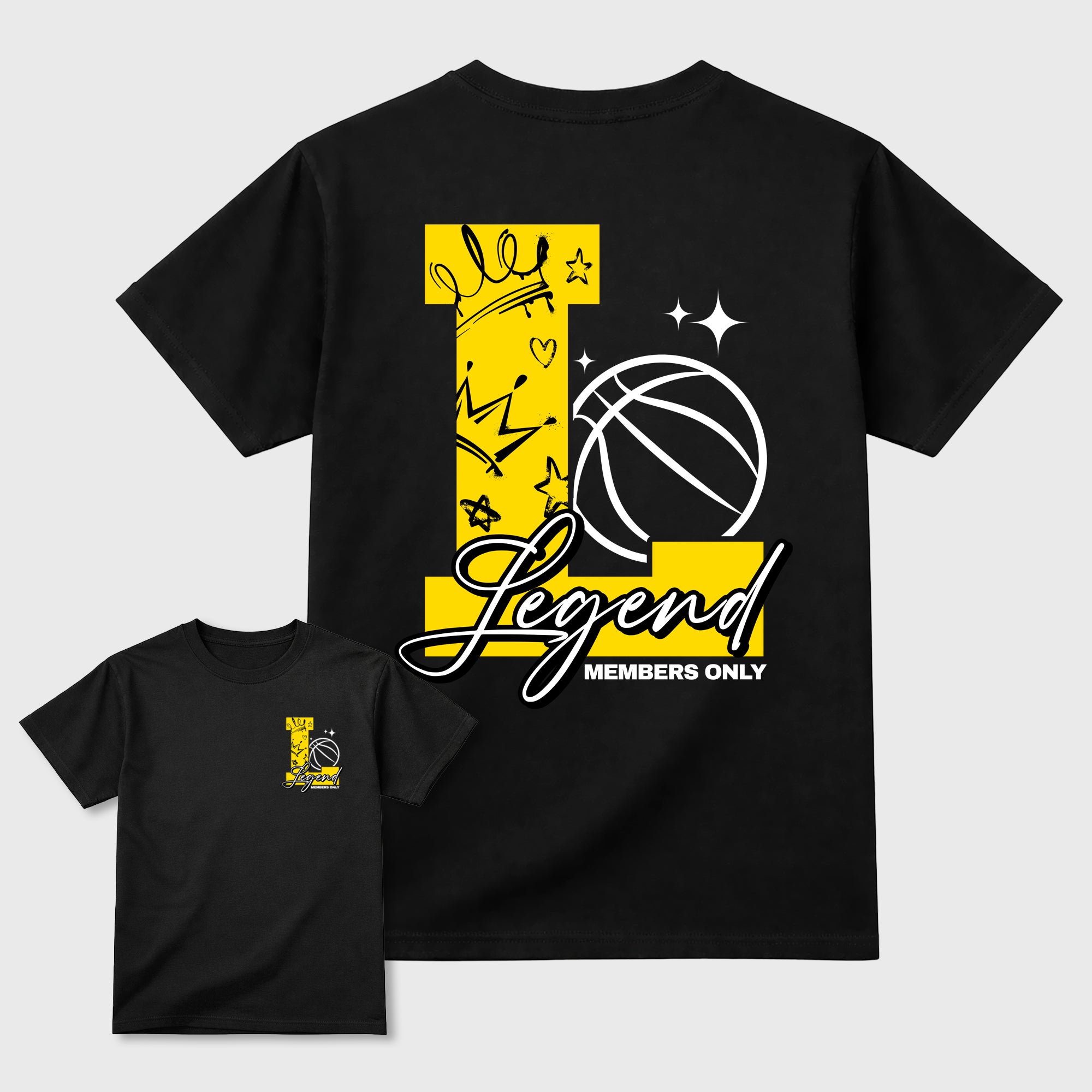Legend Graphic T-Shirt featuring original streetwear artwork designed to complement the bold Tour Yellow and Dark Blue Grey accents of the Air Jordan 4 Tour Yellow.  Black Graphic T-Shirt.