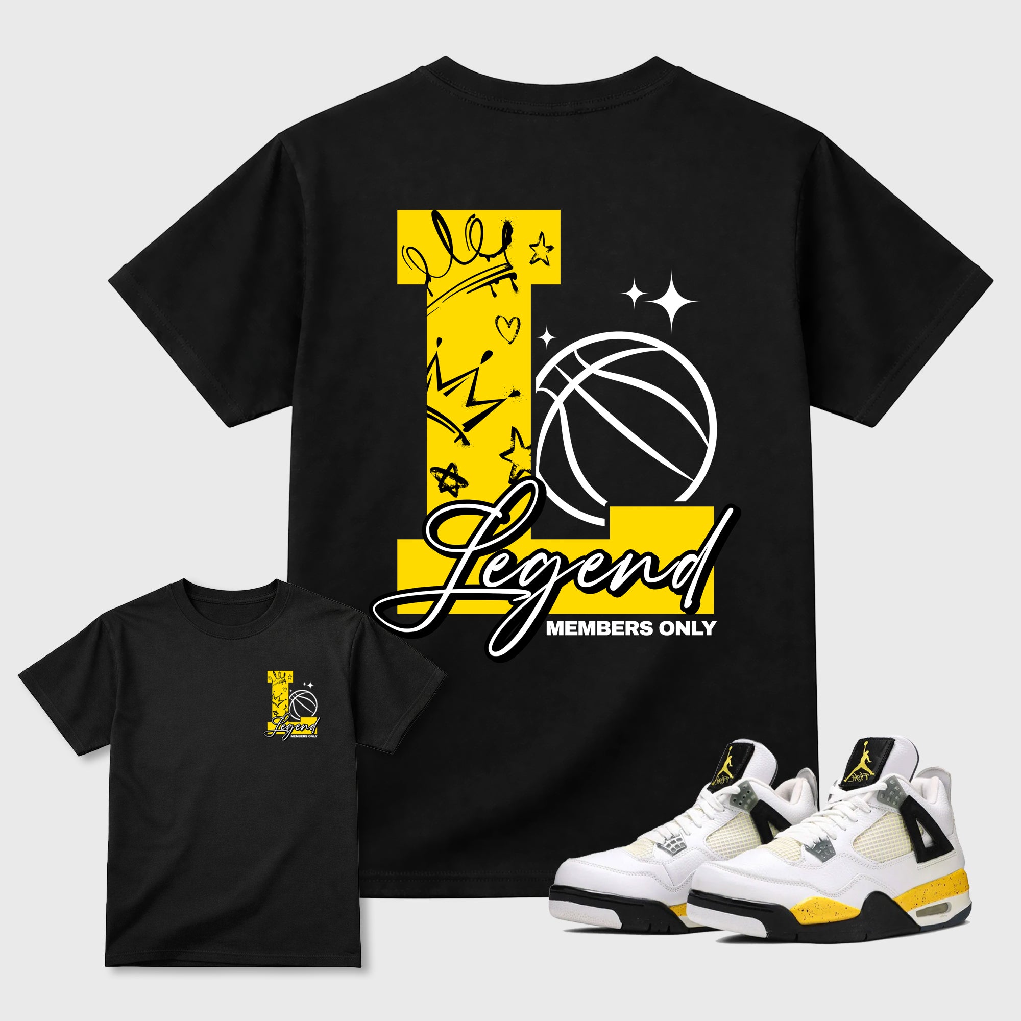 Legend Graphic T-Shirt featuring original streetwear artwork designed to complement the bold Tour Yellow and Dark Blue Grey accents of the Air Jordan 4 Tour Yellow. Black Graphic T-Shirt.