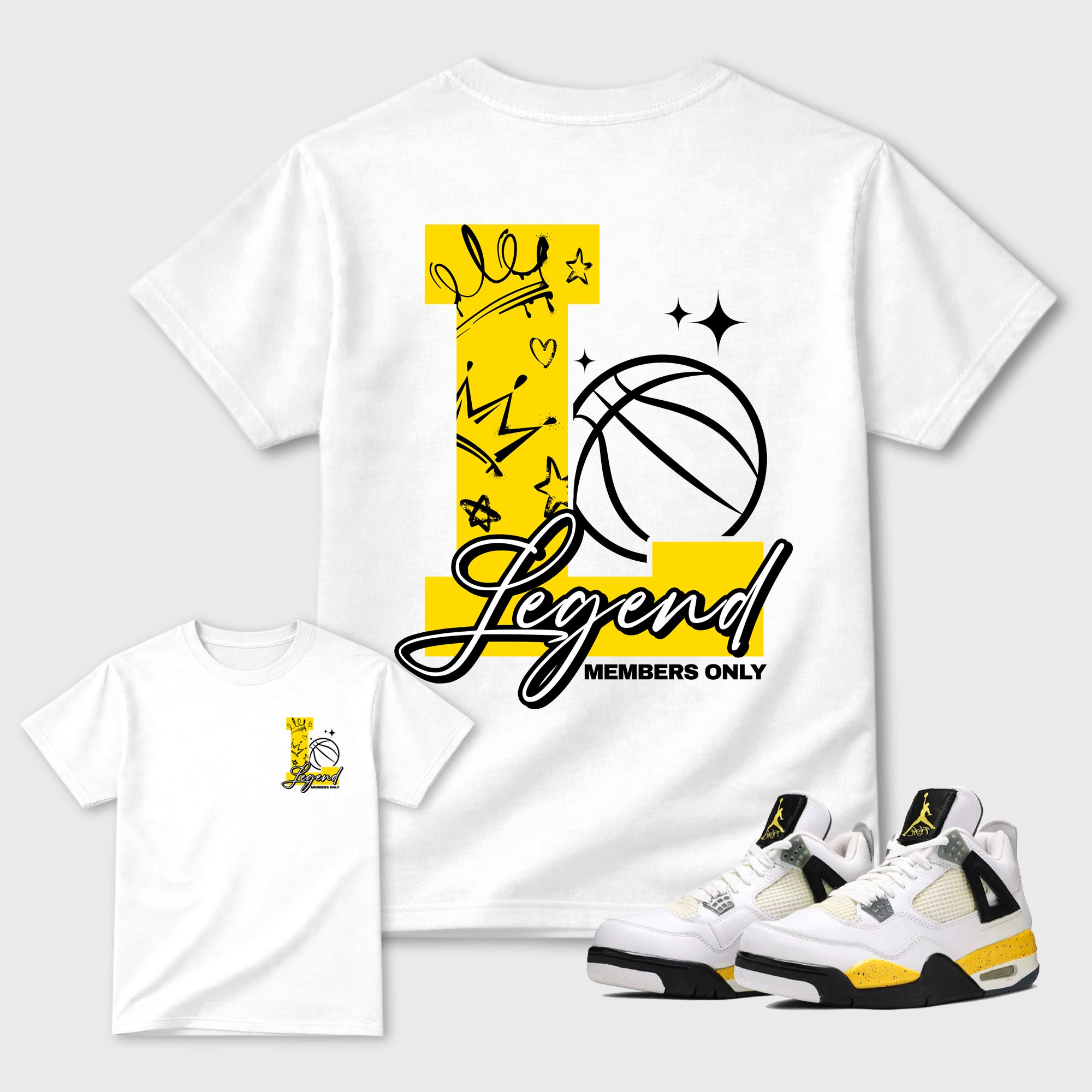 Legend Graphic T-Shirt featuring original streetwear artwork designed to complement the bold Tour Yellow and Dark Blue Grey accents of the Air Jordan 4 Tour Yellow. White Graphic T-Shirt.