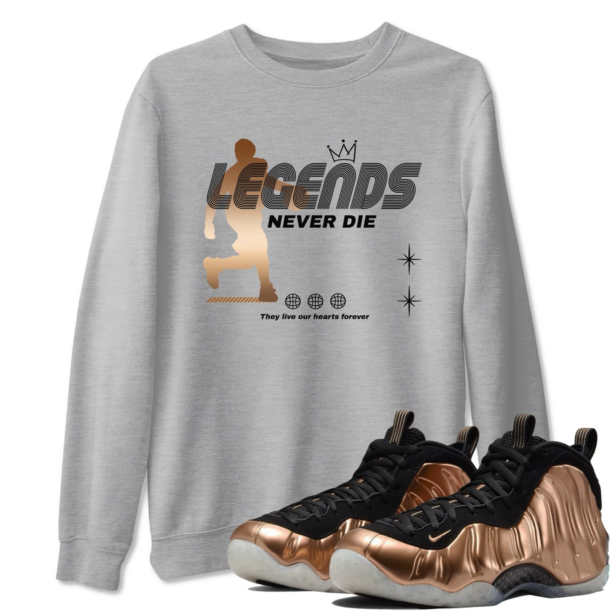 Foams One Metallic Copper shirts to match jordans Legends Never Die sneaker match tees Air Foamposite One Metallic Copper match shoes to clothes SNRT Sneaker Tees unisex cotton Heather Grey 1 shirts