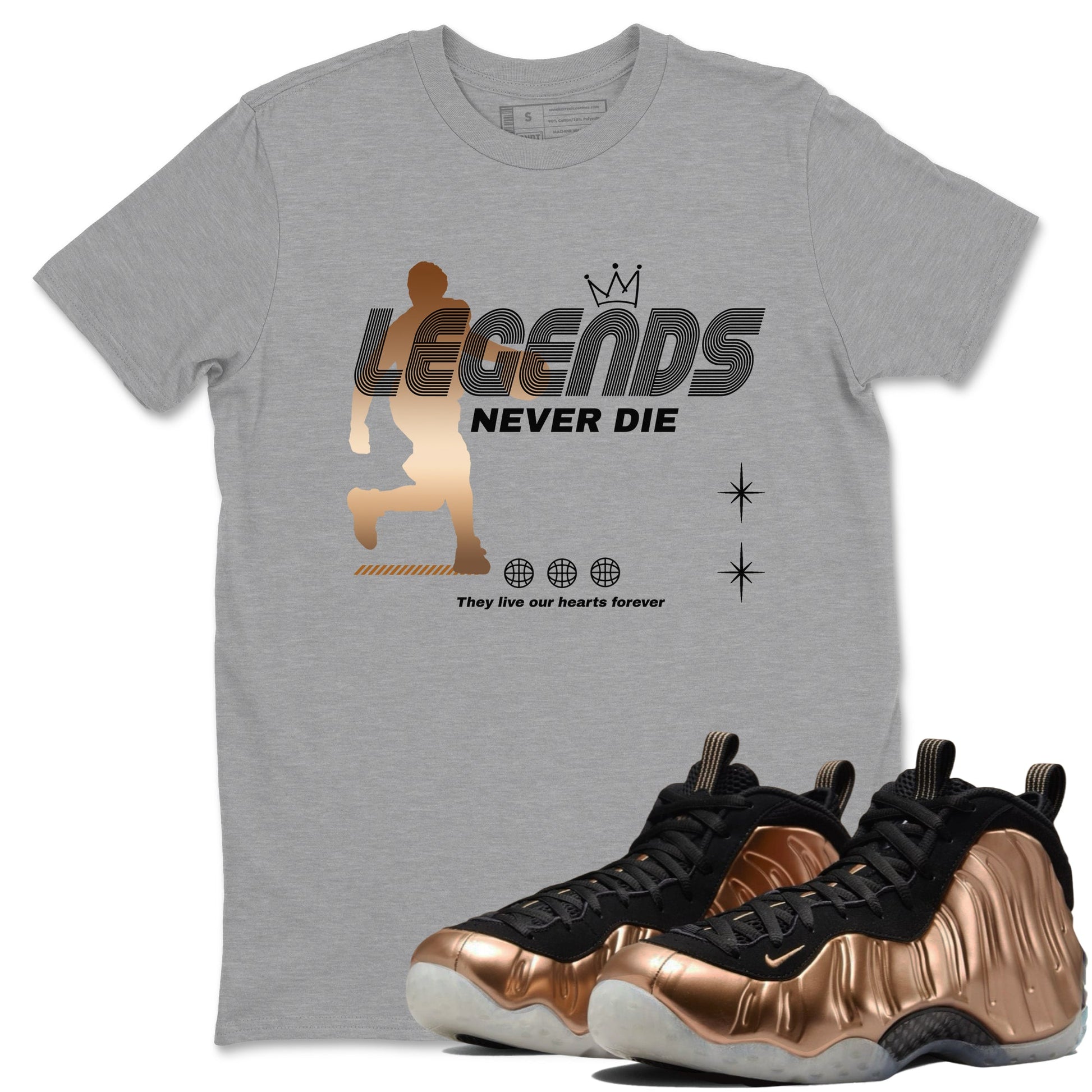 Foams One Metallic Copper shirts to match jordans Legends Never Die sneaker match tees Air Foamposite One Metallic Copper match shoes to clothes SNRT Sneaker Tees unisex cotton Heather Grey 1 shirts