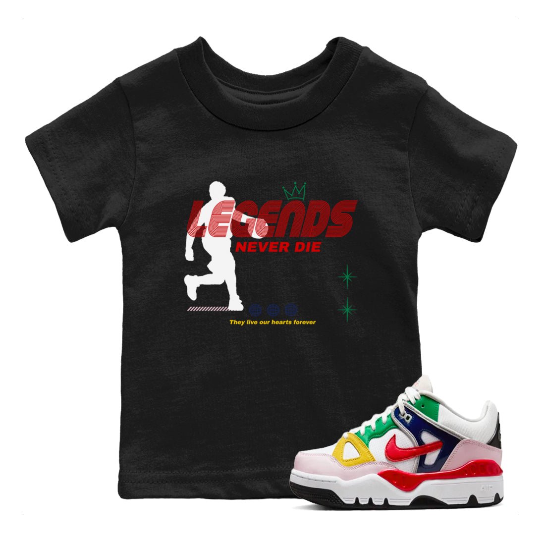 AF 3 Nigo shirtsto match jordans Legends Never Die sneaker match tees Air Force 3 Low x Nigo Blue Void and Tour Yellow match shoes to clothes SNRT Sneaker Tees Youth Baby Black 1 tee