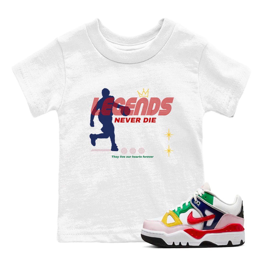 AF 3 Nigo shirtsto match jordans Legends Never Die sneaker match tees Air Force 3 Low x Nigo Blue Void and Tour Yellow match shoes to clothes SNRT Sneaker Tees Youth Baby White 1 tee