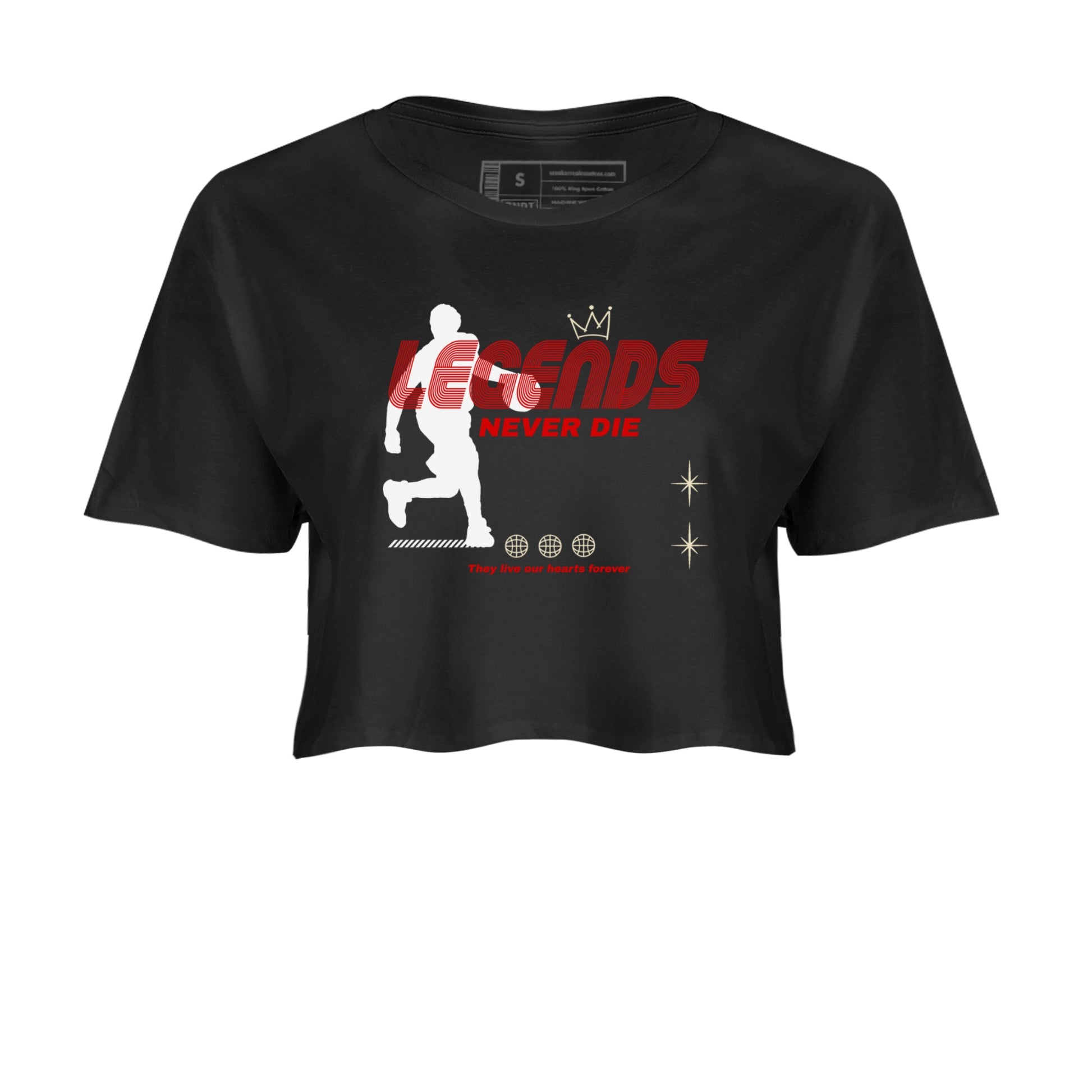 1s Black Toe Reimagined shirts to match jordans Legends Never Die sneaker match tees Air Jordan 1 Black Toe Reimagined match shoes to clothes SNRT Sneaker Tees unisex cotton Black 2 crop tee