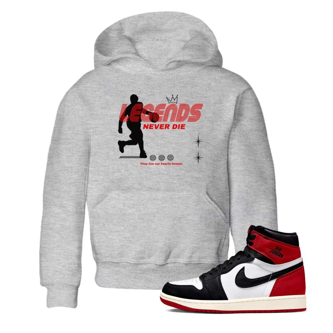 1s Black Toe Reimagined shirts to match jordans Legends Never Die sneaker match tees Air Jordan 1 Black Toe Reimagined match shoes to clothes SNRT Sneaker Tees Youth Baby Heather Grey 1 tee