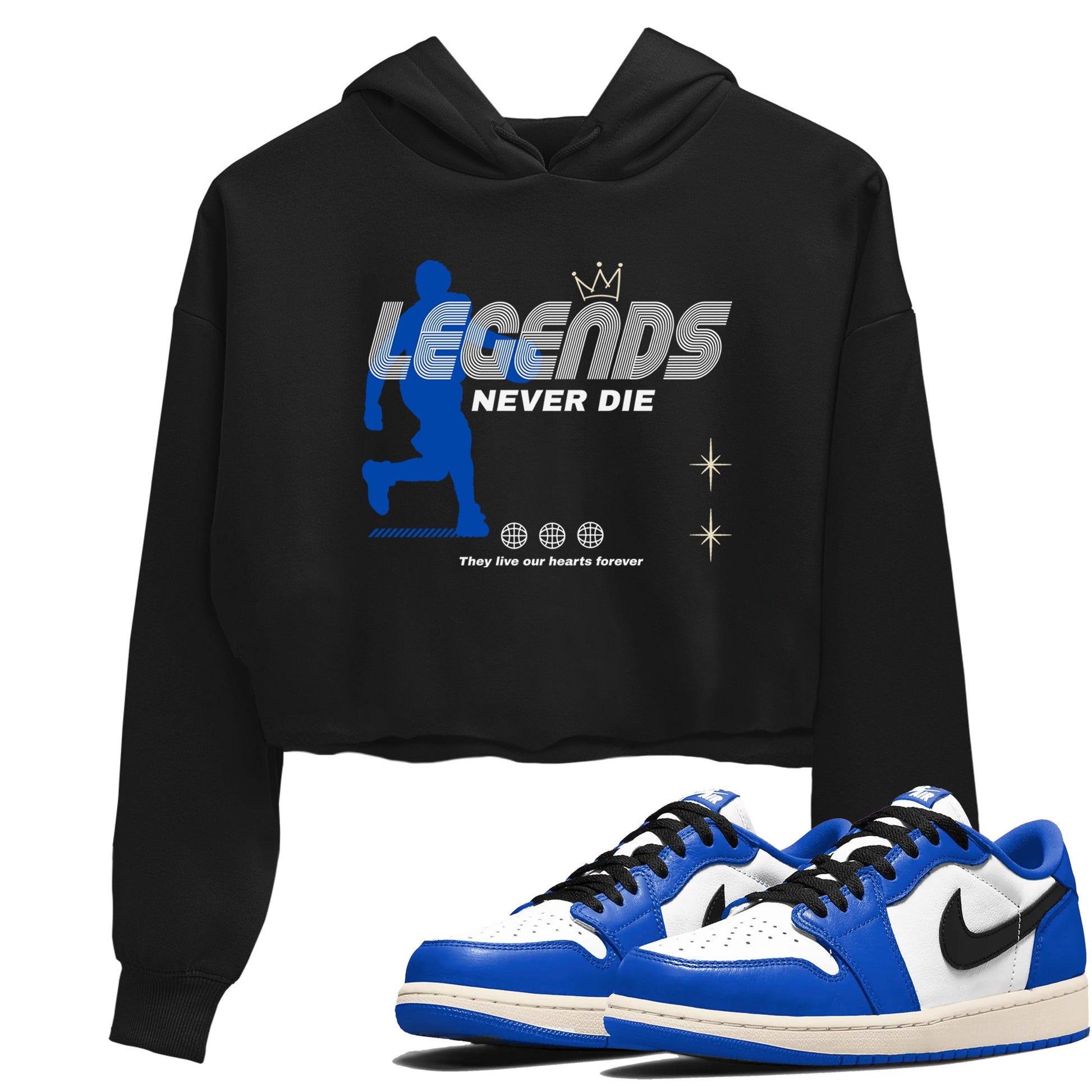 1s Game Royal shirts to match jordans Legends Never Die sneaker match tees Air Jordan 1 Retro Low OG Game Royal match shoes to clothes SNRT Sneaker Tees unisex cotton Black 1 crop tee