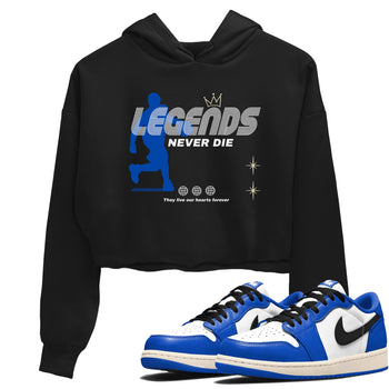 1s Game Royal shirts to match jordans Legends Never Die sneaker match tees Air Jordan 1 Retro Low OG Game Royal match shoes to clothes SNRT Sneaker Tees unisex cotton Black 1 crop tee