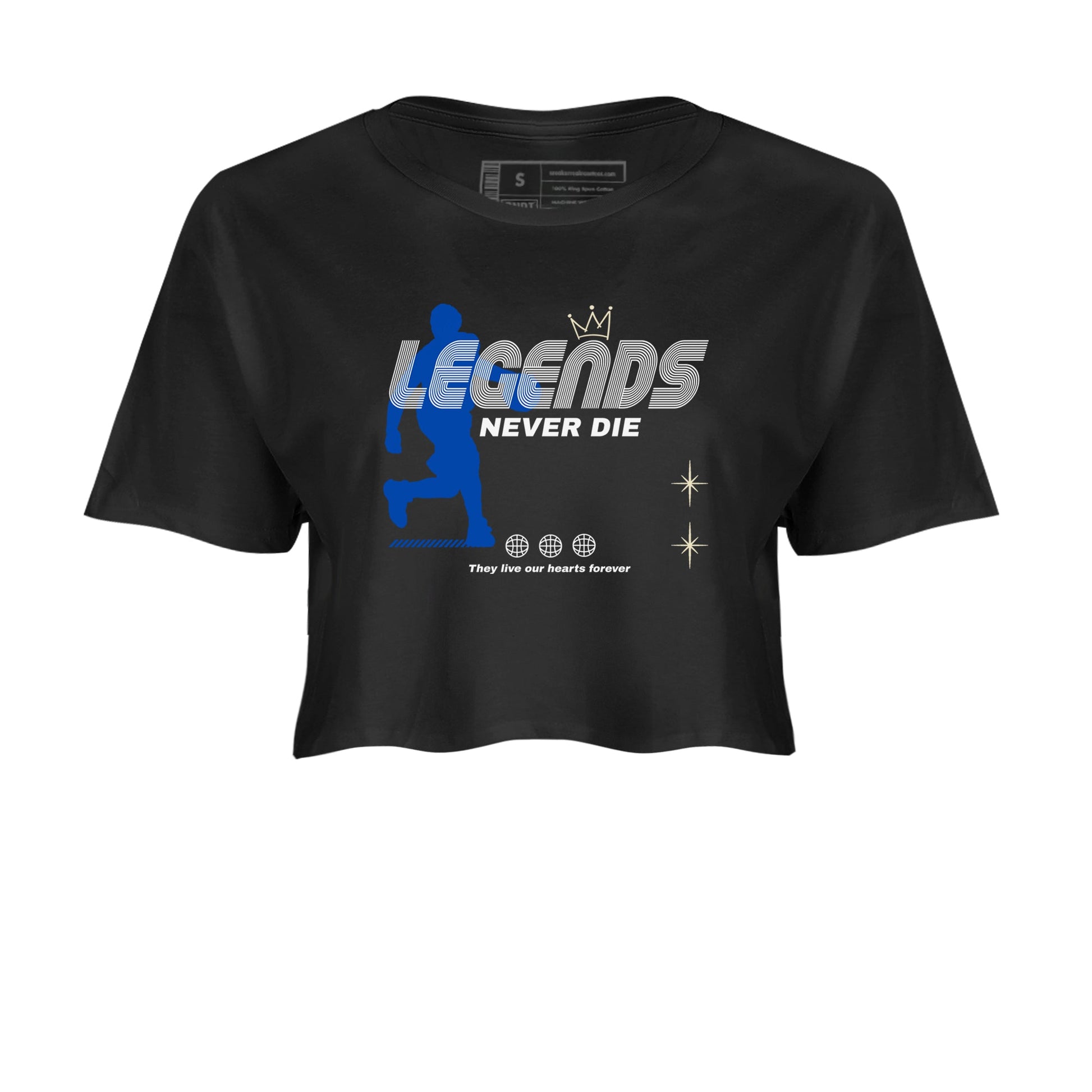 1s Game Royal shirts to match jordans Legends Never Die sneaker match tees Air Jordan 1 Retro Low OG Game Royal match shoes to clothes SNRT Sneaker Tees unisex cotton Black 2 crop tee