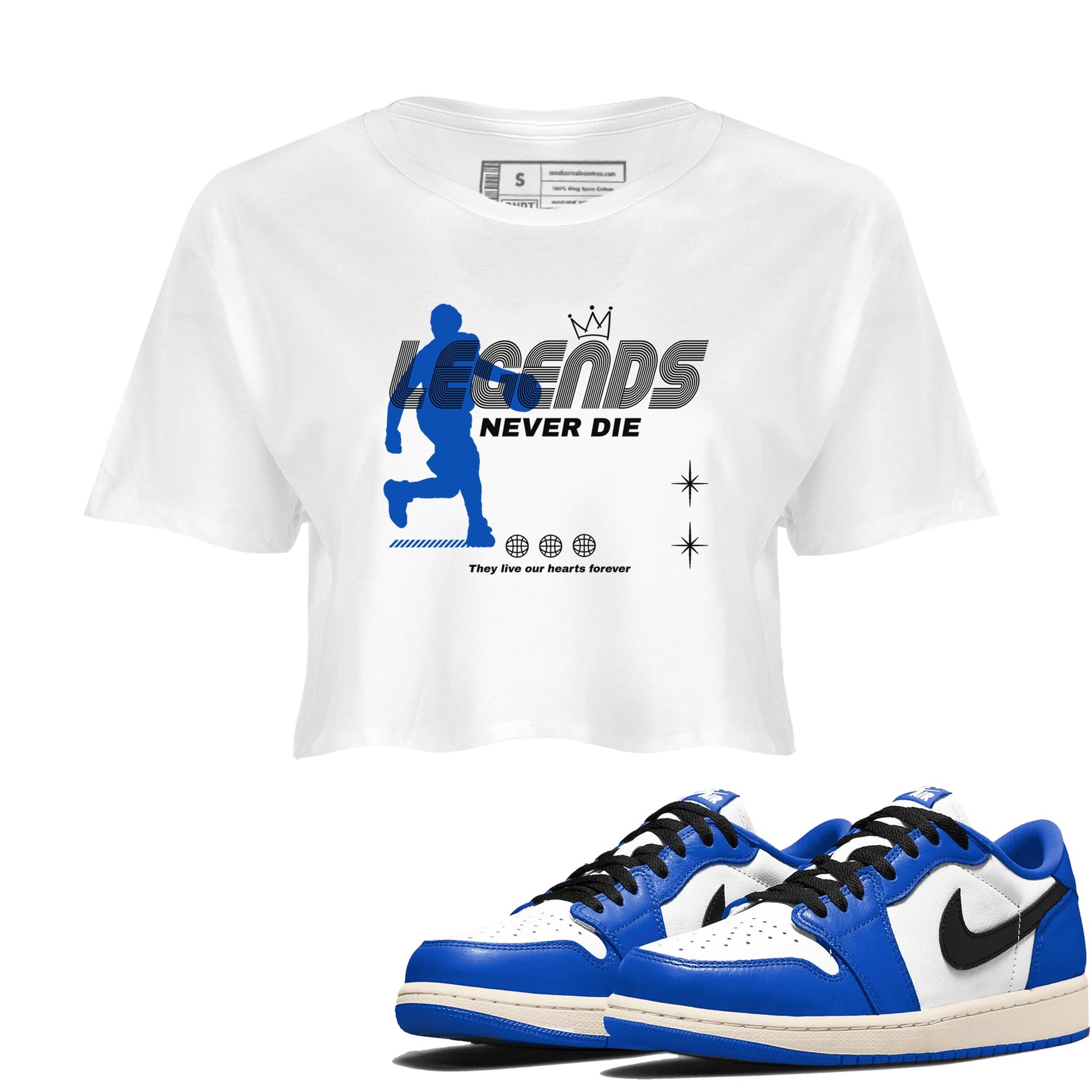 1s Game Royal shirts to match jordans Legends Never Die sneaker match tees Air Jordan 1 Retro Low OG Game Royal match shoes to clothes SNRT Sneaker Tees unisex cotton White 1 crop tee