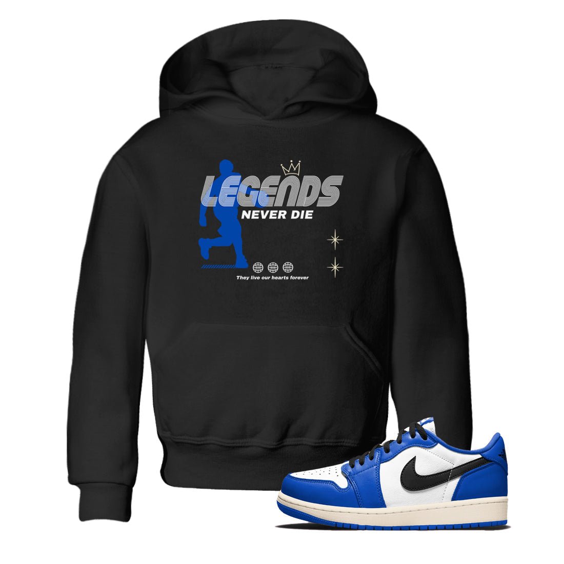 1s Game Royal shirts to match jordans Legends Never Die sneaker match tees Air Jordan 1 Retro Low OG Game Royal match shoes to clothes SNRT Sneaker Tees Youth Baby Black 1 tee
