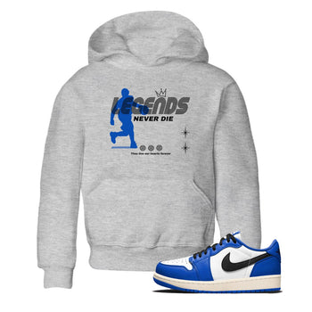 1s Game Royal shirts to match jordans Legends Never Die sneaker match tees Air Jordan 1 Retro Low OG Game Royal match shoes to clothes SNRT Sneaker Tees Youth Baby Heather Grey 1 tee