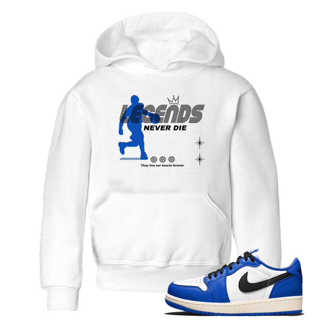 1s Game Royal shirts to match jordans Legends Never Die sneaker match tees Air Jordan 1 Retro Low OG Game Royal match shoes to clothes SNRT Sneaker Tees Youth Baby White 1 tee