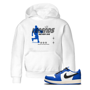 1s Game Royal shirts to match jordans Legends Never Die sneaker match tees Air Jordan 1 Retro Low OG Game Royal match shoes to clothes SNRT Sneaker Tees Youth Baby White 1 tee