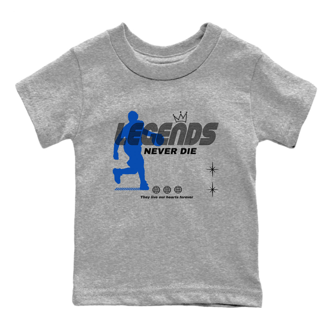 1s Game Royal shirts to match jordans Legends Never Die sneaker match tees Air Jordan 1 Retro Low OG Game Royal match shoes to clothes SNRT Sneaker Tees Youth Baby Heather Grey 2 tee