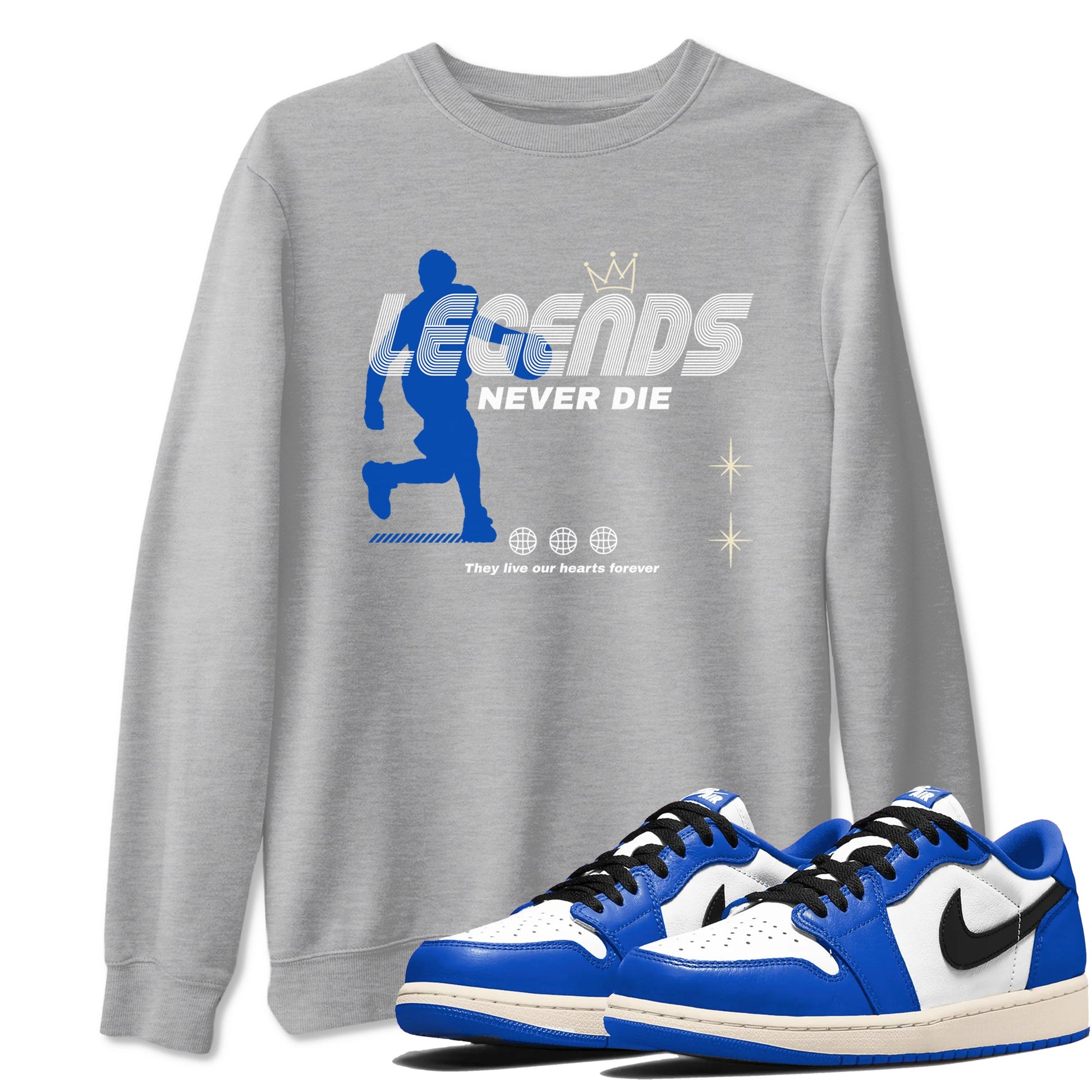 1s Game Royal shirts to match jordans Legends Never Die sneaker match tees Air Jordan 1 Retro Low OG Game Royal match shoes to clothes SNRT Sneaker Tees unisex cotton Heather Grey 1 shirts