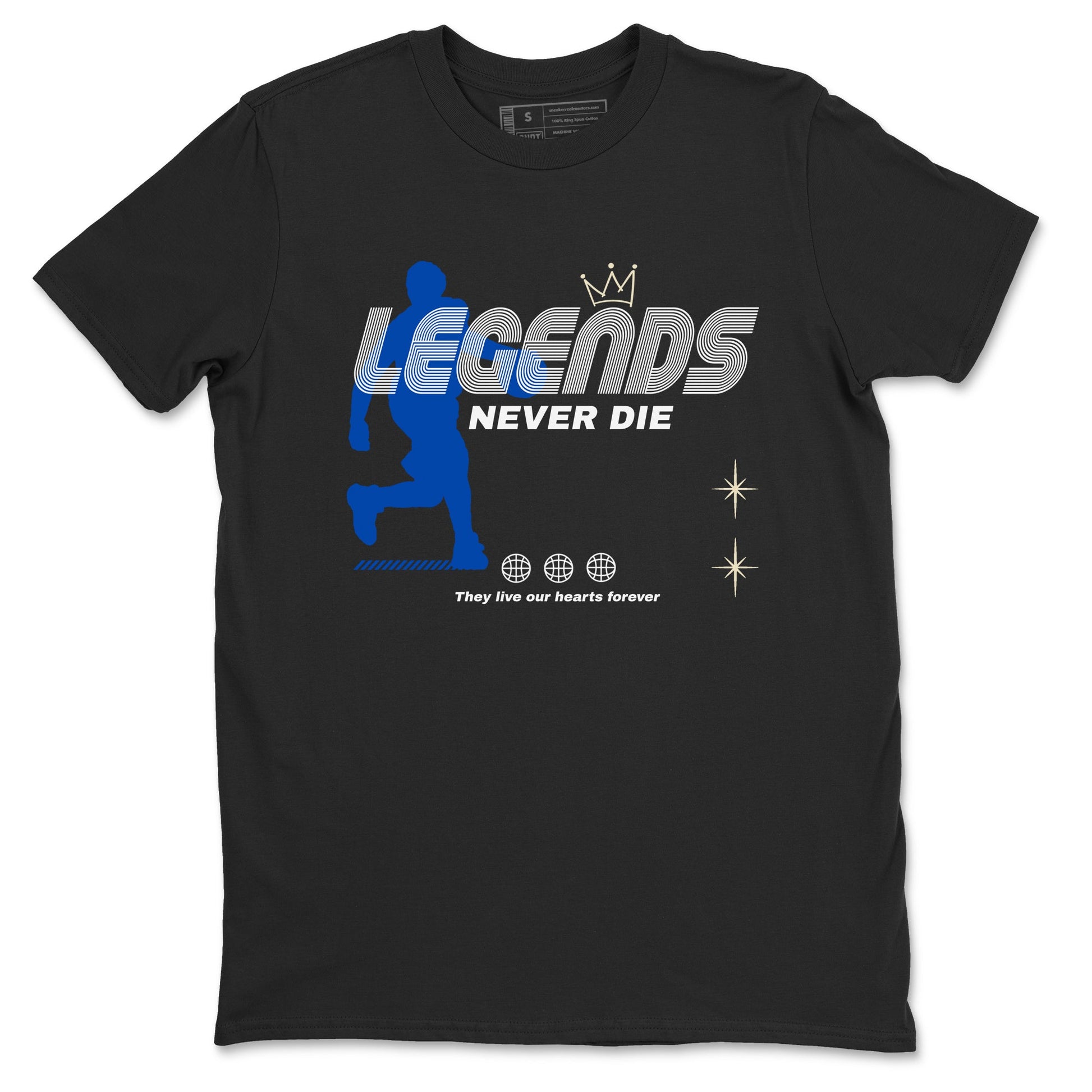 1s Game Royal shirts to match jordans Legends Never Die sneaker match tees Air Jordan 1 Retro Low OG Game Royal match shoes to clothes SNRT Sneaker Tees unisex cotton Black 2 shirts