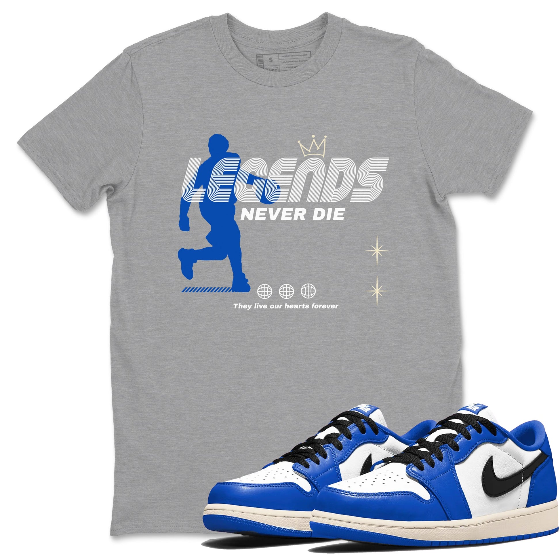 1s Game Royal shirts to match jordans Legends Never Die sneaker match tees Air Jordan 1 Retro Low OG Game Royal match shoes to clothes SNRT Sneaker Tees unisex cotton Heather Grey 1 shirts