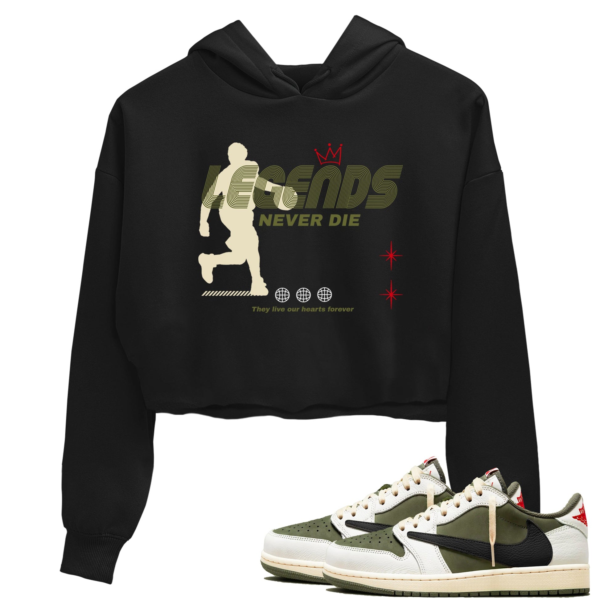 Jordan 1 Olive t shirts to match sneakers Legends Never Die sneaker match tees Air Jordan 1 Low x Travis Scott Reverse Olive tee SNRT Sneaker Tees unisex cotton Black 1 crop tee