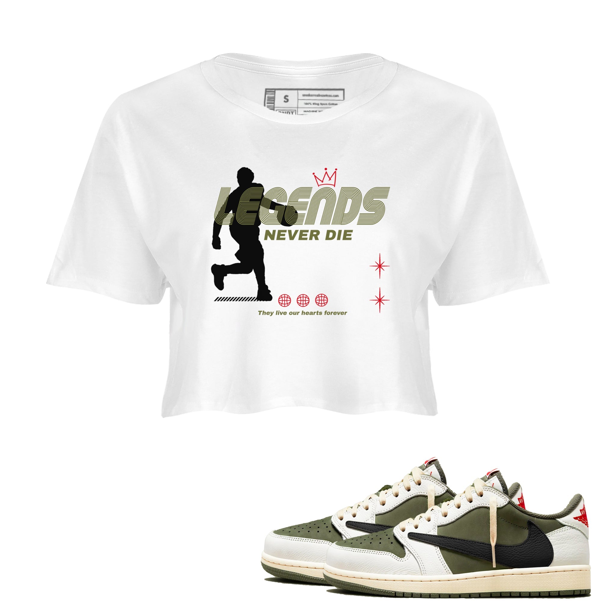 Jordan 1 Olive t shirts to match sneakers Legends Never Die sneaker match tees Air Jordan 1 Low x Travis Scott Reverse Olive tee SNRT Sneaker Tees unisex cotton White 1 crop tee