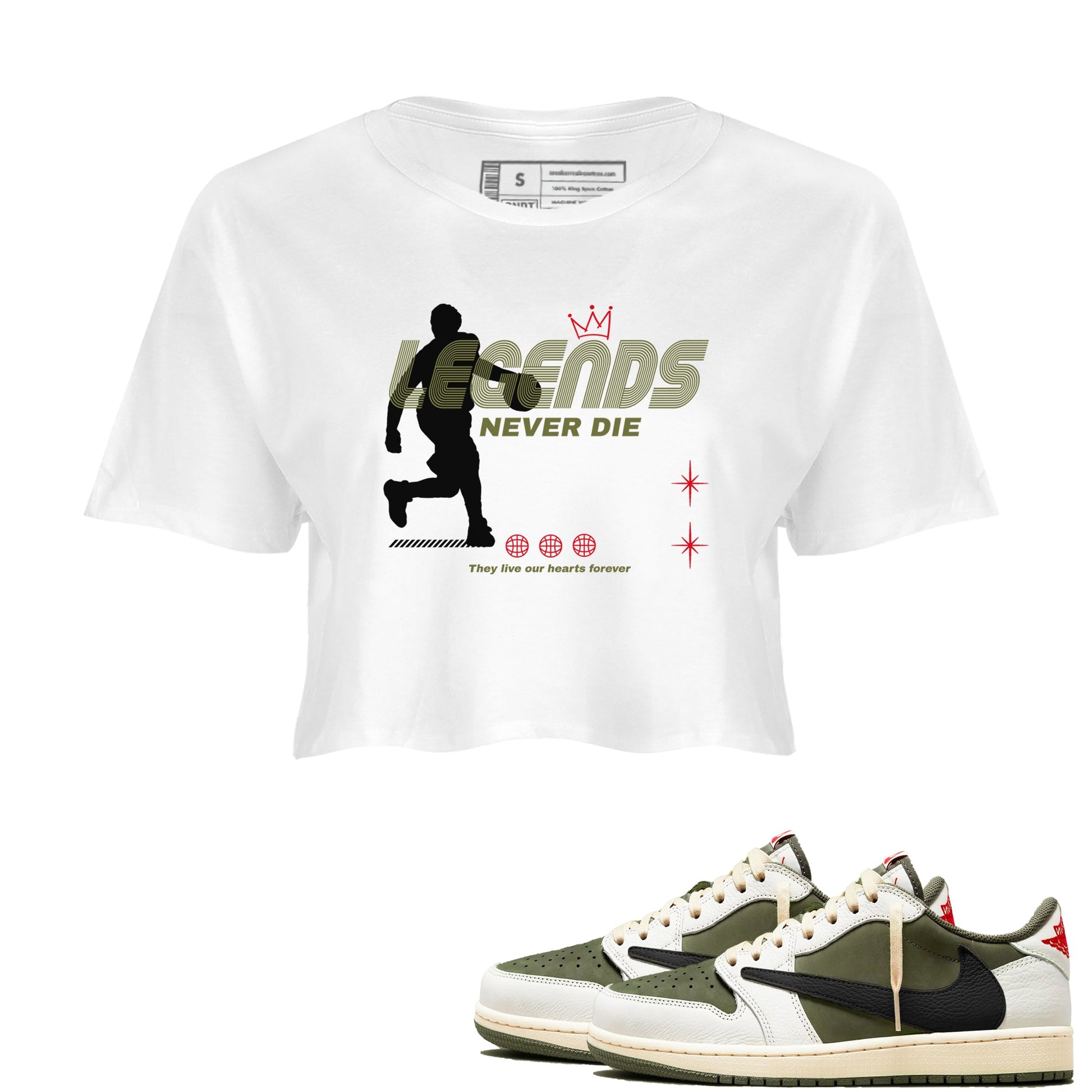 Jordan 1 Olive t shirts to match sneakers Legends Never Die sneaker match tees Air Jordan 1 Low x Travis Scott Reverse Olive tee SNRT Sneaker Tees unisex cotton White 1 crop tee