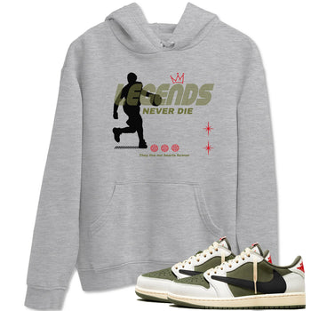Jordan 1 Olive t shirts to match sneakers Legends Never Die sneaker match tees Air Jordan 1 Low x Travis Scott Reverse Olive tee SNRT Sneaker Tees unisex cotton Heather Grey 1 shirts