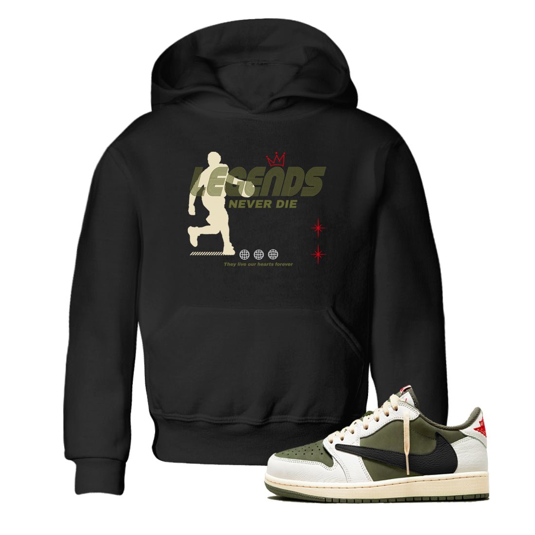 Jordan 1 Olive t shirts to match sneakers Legends Never Die sneaker match tees Air Jordan 1 Low x Travis Scott Reverse Olive tee SNRT Sneaker Tees Youth Baby Black 1 tee