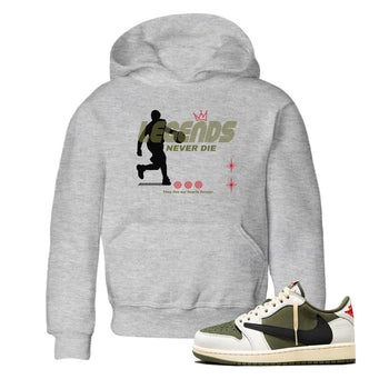 Jordan 1 Olive t shirts to match sneakers Legends Never Die sneaker match tees Air Jordan 1 Low x Travis Scott Reverse Olive tee SNRT Sneaker Tees Youth Baby Heather Grey 1 tee