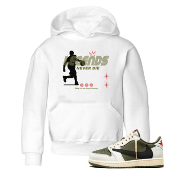 Jordan 1 Olive t shirts to match sneakers Legends Never Die sneaker match tees Air Jordan 1 Low x Travis Scott Reverse Olive tee SNRT Sneaker Tees Youth Baby White 1 tee