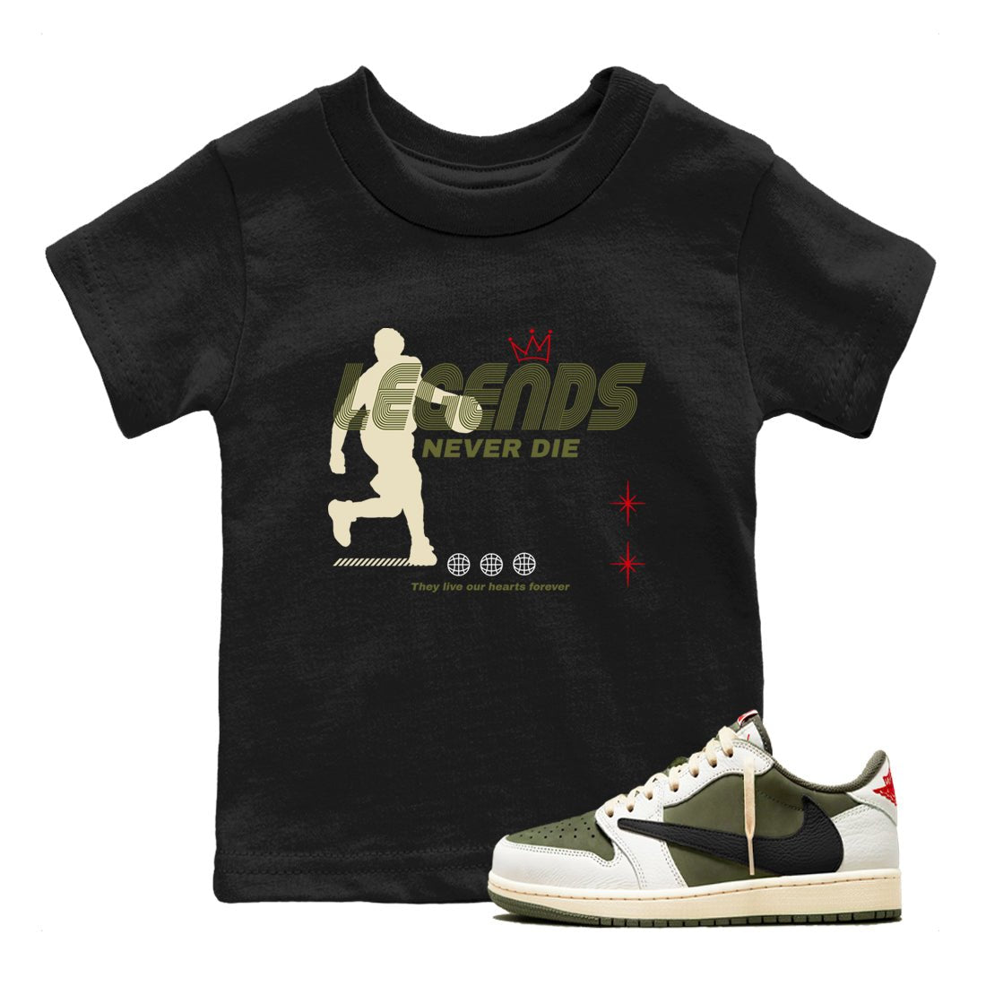 Jordan 1 Olive t shirts to match sneakers Legends Never Die sneaker match tees Air Jordan 1 Low x Travis Scott Reverse Olive tee SNRT Sneaker Tees Youth Baby Black 1 tee