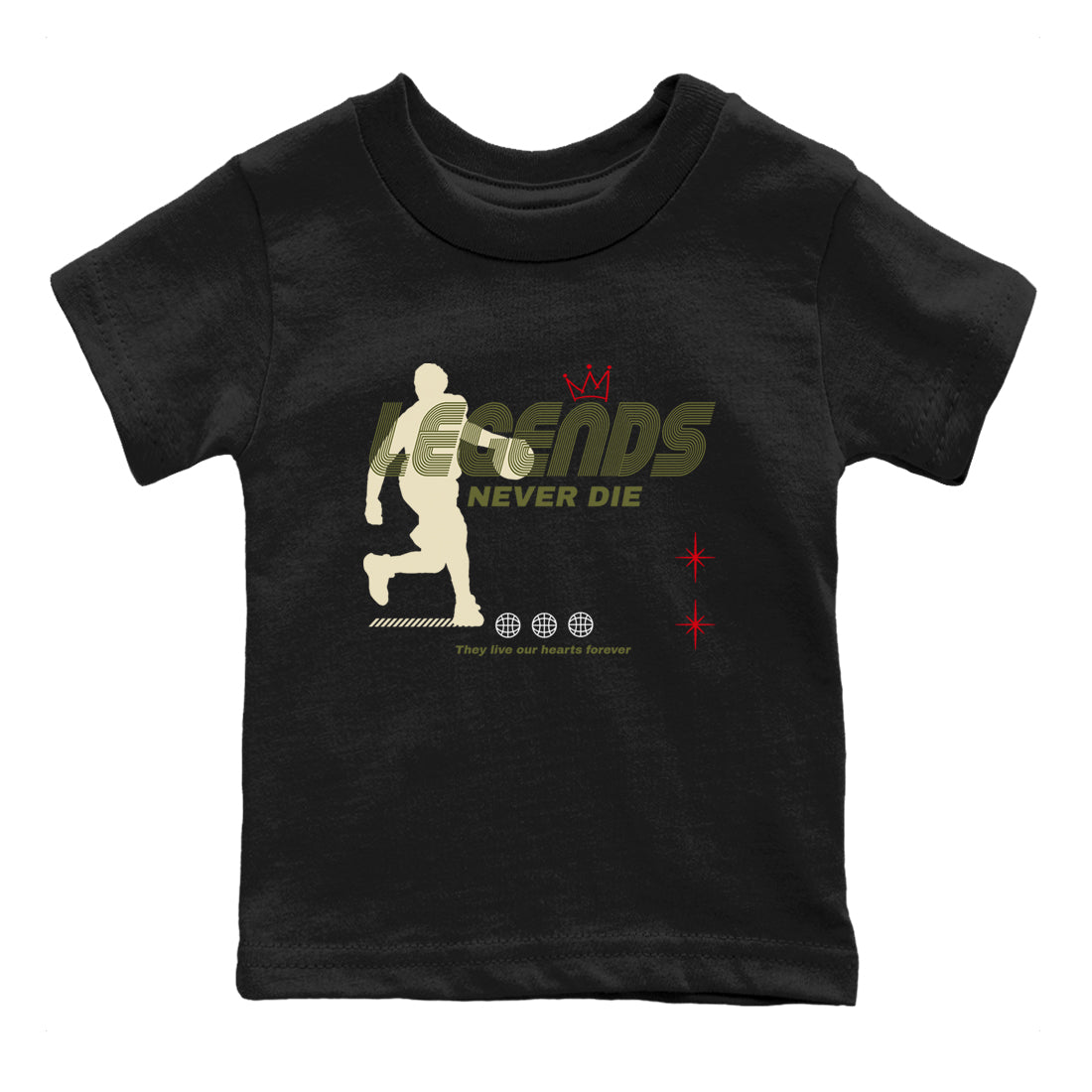 Jordan 1 Olive t shirts to match sneakers Legends Never Die sneaker match tees Air Jordan 1 Low x Travis Scott Reverse Olive tee SNRT Sneaker Tees Youth Baby Black 2 tee