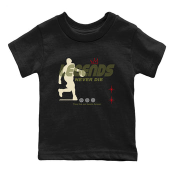 Jordan 1 Olive t shirts to match sneakers Legends Never Die sneaker match tees Air Jordan 1 Low x Travis Scott Reverse Olive tee SNRT Sneaker Tees Youth Baby Black 2 tee
