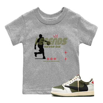 Jordan 1 Olive t shirts to match sneakers Legends Never Die sneaker match tees Air Jordan 1 Low x Travis Scott Reverse Olive tee SNRT Sneaker Tees Youth Baby Heather Grey 1 tee