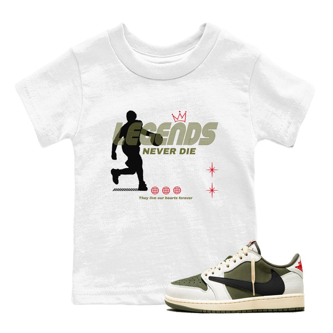 Jordan 1 Olive t shirts to match sneakers Legends Never Die sneaker match tees Air Jordan 1 Low x Travis Scott Reverse Olive tee SNRT Sneaker Tees Youth Baby White 1 tee