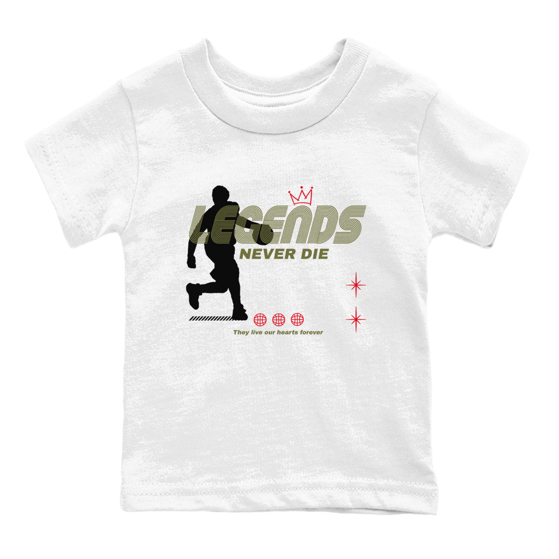 Jordan 1 Olive t shirts to match sneakers Legends Never Die sneaker match tees Air Jordan 1 Low x Travis Scott Reverse Olive tee SNRT Sneaker Tees Youth Baby White 2 tee