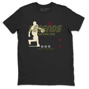 Jordan 1 Olive t shirts to match sneakers Legends Never Die sneaker match tees Air Jordan 1 Low x Travis Scott Reverse Olive tee SNRT Sneaker Tees unisex cotton Black 2 shirts
