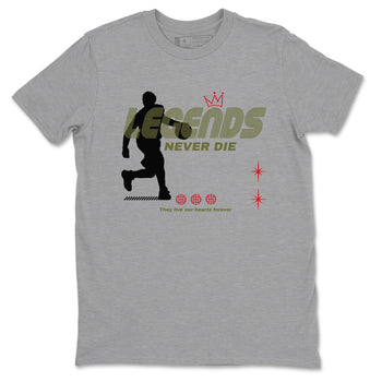 Jordan 1 Olive t shirts to match sneakers Legends Never Die sneaker match tees Air Jordan 1 Low x Travis Scott Reverse Olive tee SNRT Sneaker Tees unisex cotton Heather Grey 2 shirts