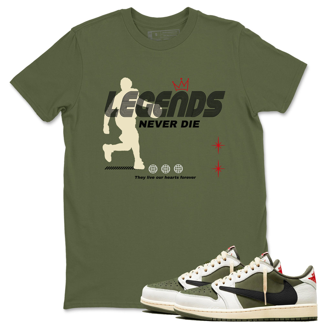 Jordan 1 Olive t shirts to match sneakers Legends Never Die sneaker match tees Air Jordan 1 Low x Travis Scott Reverse Olive tee SNRT Sneaker Tees unisex cotton Military Green 1 shirts