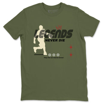 Jordan 1 Olive t shirts to match sneakers Legends Never Die sneaker match tees Air Jordan 1 Low x Travis Scott Reverse Olive tee SNRT Sneaker Tees unisex cotton Military Green 2 shirts